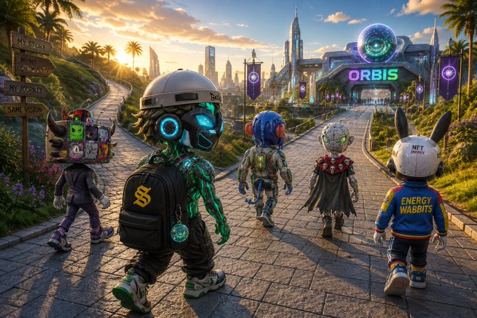 A vibrant digital illustration of stylized NFT characters walking along a path toward a futuristic neon-lit city featuring the 'ORBIS' logo, palm trees, and directional signs reading 'MY STORY', 'HOW COUNTRY', 'MY JOURNEY', and 'SAME VISION'.