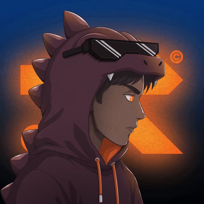 An anime-style illustration of a young man in profile wearing a maroon dinosaur hoodie with pixelated "deal with it" sunglasses on top, set against an orange "Overwatch" logo.
