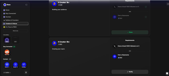 The image shows a computer screen with various tabs open, including one that says "X Creator". The user has already secured their first role as a creator or voice in this ecosystem. They are now focusing on securing the 1K follower role from the "Creators & Voices" section of the app store.