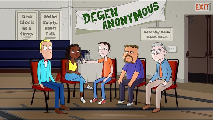 A cartoon group therapy scene labeled "DEGEN ANONYMOUS" with signs reading "One block at a time," "Wallet Empty, Heart Full," and "Serenity now. Moon later," showing five characters sitting in chairs—directly referencing the PTSD Show's animated satirical series about crypto culture and the emotional toll of trading.