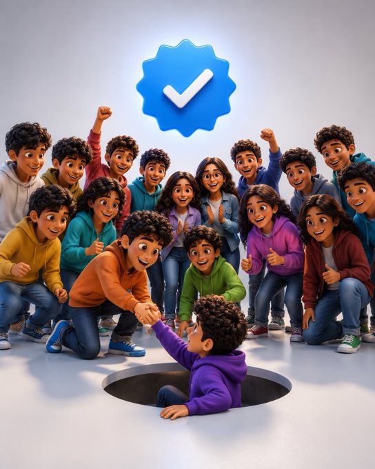A 3D cartoon-style illustration showing a group of diverse children gathered around a boy sitting in a hole, with a large blue verification checkmark badge floating above them.