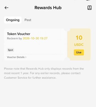 The image shows the Binance Rewards Hub displaying an ongoing 10 USDC Token Voucher for "Spot" activities, redeemable by 2026-10-30 19:27. This relates to the post, as it showcases the user's earned $10 USDC reward from completing the Binance Summer Camp.