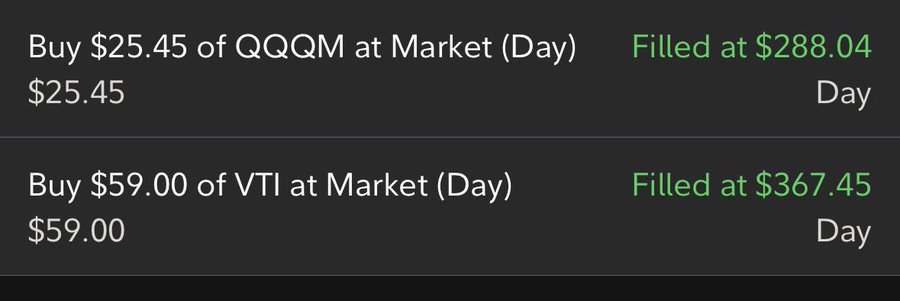 A screenshot shows two filled buy orders: $25.45 of QQQM at $288.04 and $59.00 of VTI at $367.45, illustrating the Monday Roth IRA purchases of VTI and QQQM mentioned in the post.