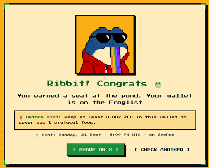 A pixel art frog wearing sunglasses and a red hoodie pees a rainbow stream on a "Ribbit! Congrats" screen, announcing a Froglist wallet confirmation for the free ZEC Frogs mint on Monday, 21 Sept at 5:00 PM UTC, with a reminder to keep at least 0.007 ZEC for gas fees and buttons to share on X or check another wallet.