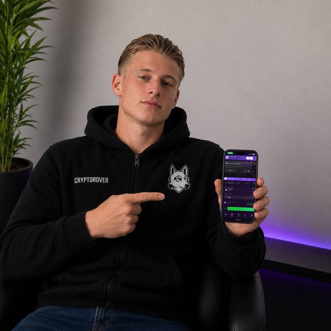 A young man wearing a black 'CRYPTO ROVER' hoodie with a wolf logo points to a smartphone displaying a crypto trading app.