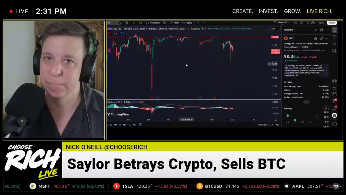 The image shows a screenshot of the podcast host discussing cryptocurrency trading rules with another host at a live event. The main host, wearing headphones, suggests that Bitcoin should never be sold for financial gain. Another podcast guest, likely Michael Saylor, comments on this notion, stating "I think". The hosts are engaged in an intellectual conversation about the topic, possibly sharing insights or challenging each other's views.