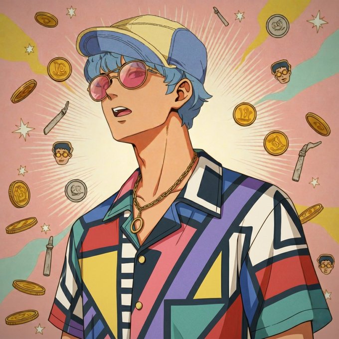 An anime-style illustration of a blue-haired character wearing a colorful geometric-patterned shirt, pink sunglasses, and a yellow cap, surrounded by floating gold coins, stars, and cigarettes against a pink background.