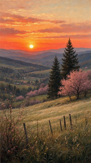 A painting of a sunset over rolling mountains, featuring a grassy hillside with pine trees, pink blossoming trees, and a wooden fence in the foreground.
