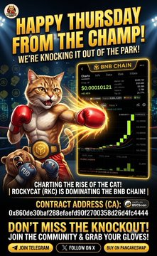 Promotional image featuring an anthropomorphic cat in boxing gear titled 'Happy Thursday from the Champ! Charting the rise of the cat! (Rocketcat (RC) is dominating the BNB chain!)' with a contract address displayed and links to join their community on Telegram and X.