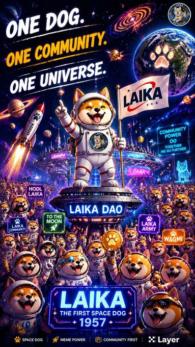 A vibrant promotional poster for "LAIKA DAO" featuring a cartoon Shiba Inu astronaut holding a "LAIKA" flag, surrounded by a cheering crowd of dog characters, with text reading "ONE DOG. ONE COMMUNITY. ONE UNIVERSE." and "LAIKA THE FIRST SPACE DOG 1957."