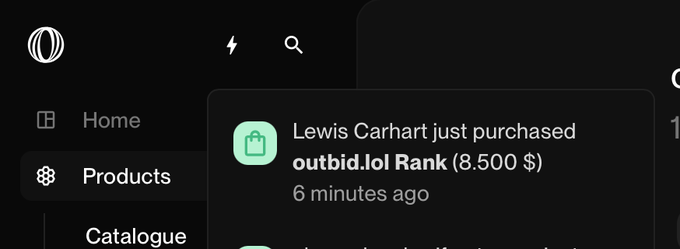 A dark-themed dashboard screenshot shows a notification that "Lewis Carhart just purchased outbid.lol Rank (8,500 $)" 6 minutes ago, illustrating the dramatic $8,500 bid mentioned in the post.