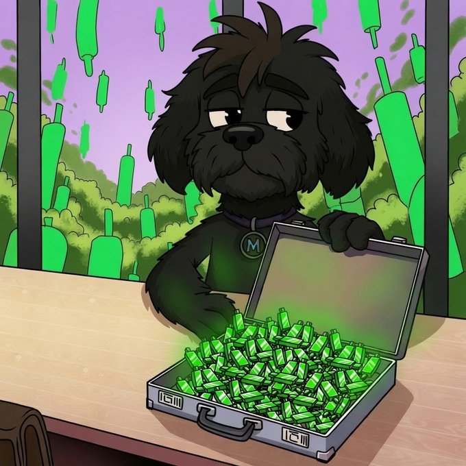 A black cartoon dog with an "M" tag opens a briefcase overflowing with glowing green USB drives, surrounded by a surreal landscape of giant floating green candlesticks against a purple sky—matching the post's warning about bags being packed before the "green" (likely a slang reference to crypto profits or bullish candlestick charts) starts falling.