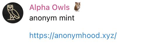Card showing the 'Alpha Owls' NFT project with the text 'anonym mint' and the link 'https://anonymhood.xyz/' displayed on a white background.