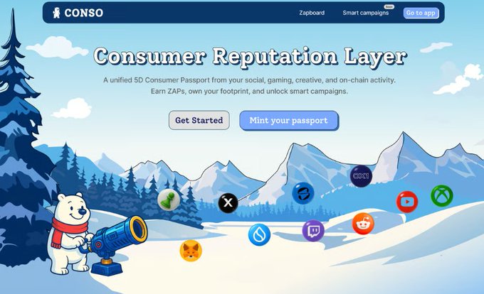 The image shows a winter mountain landscape with a polar bear holding a telescope, featuring the "CONSO" website header and a "Consumer Reputation Layer" banner promoting a unified 5D Consumer Passport from social, gaming, creative, and on-chain activity, with logos of various integrated platforms (X, YouTube, Reddit, Twitch, Discord, etc.) floating across the scene. This relates to the post by illustrating the diverse ecosystem of platforms and AI agent integrations that Conso can aggregate, showcasing how Sui blockchain and Walrus Protocol's decentralized memory layer enable composability across multiple consumer touchpoints.