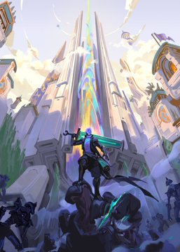 Concept art depicting a futuristic character with a green weapon standing on a rocky outcrop, looking up at a massive rainbow beam shooting into the sky between towering spires