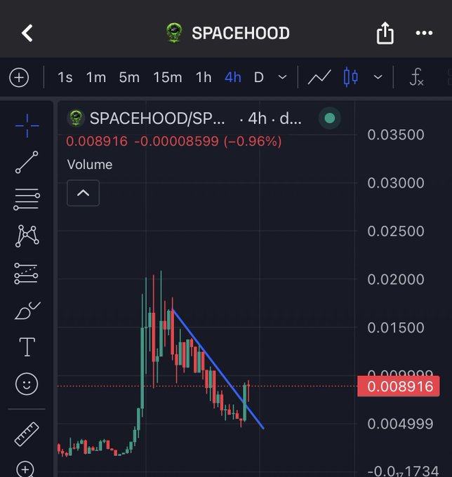 A trading chart for SPACEHOOD/SPACE on a 4-hour timeframe, showing a current price of 0.008916 with a -0.96% decrease, featuring red and green candlesticks and a downward trendline.