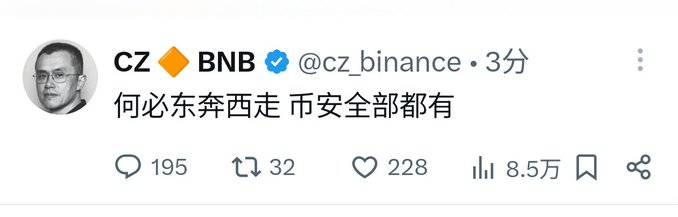 A tweet from CZ (Changpeng Zhao) @cz_binance featuring BNB reads "何必东奔西走 币安全部都有" ("Why travel east and west when Binance has everything"), with 195 replies, 32 retweets, 228 likes, and 8.5万 (85,000) views. The post appears to promote Binance's all-in-one services while playfully referencing ongoing aesthetic/UI discussions.
