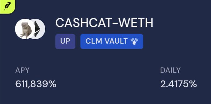 DeFi promotional graphic for 'CASHCAT-WETH' showing an APY of 611,839% and daily yield of 2.4175%, featuring logos of the cat token and Ethereum (WETH) with 'UP' and 'CLM VAULT' buttons.