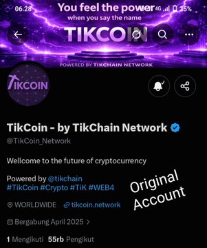 The image shows a Twitter/X profile for "TikCoin - by TikChain Network" (@TikCoin_Network), which the accompanying post identifies as the original, legitimate account being imitated by a fake account (@JagoraMuhammad). The profile features a purple banner reading "You feel the power when you say the name TIKCOIN" and describes itself as "the future of cryptocurrency," with an "Original Account" label emphasized on the right side.