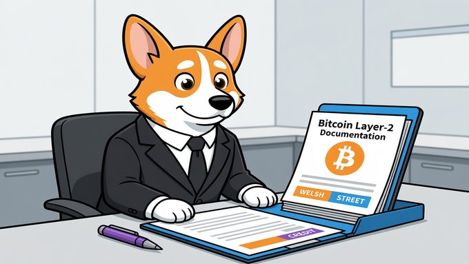 A cartoon corgi wearing a business suit sits at a desk, presenting a "Bitcoin Layer-2 Documentation" folder labeled "WELSH STREET."