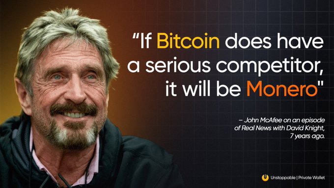 The image features an older man with gray hair, wearing a black jacket, smiling at the camera. The background of the image has a gradient color scheme transitioning from yellow to orange. Below the man's photo, there is text that reads "If Bitcoin does have a serious competitor, it will be Monero." This statement seems to be related to the content of the post about Bitcoin and Monero.