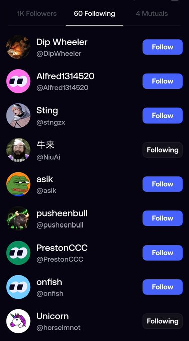 A mobile app screenshot showing a 'Following' list with 60 accounts, displaying usernames like Dip Wheeler, Alfred, Sting, and others with Follow buttons.
