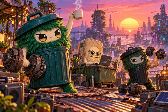 A vibrant 3D-rendered scene of three muscular, trash-themed creatures—one lifting weights as a green bin, one holding a coffee cup as a mattress, and one lifting dumbbells as a black bin—in a futuristic, neon-lit city at sunset.