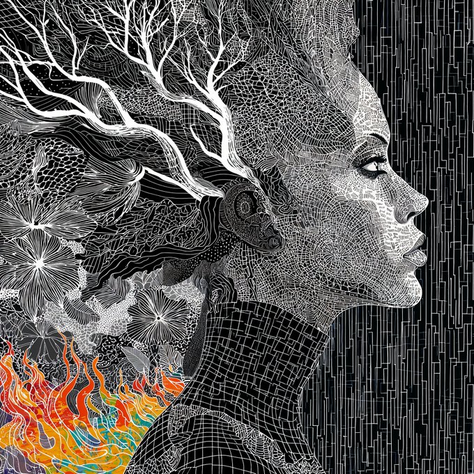 An intricate black and white digital illustration of a woman's profile with elaborate line patterns, trees growing from her hair, and colorful flames at the bottom.