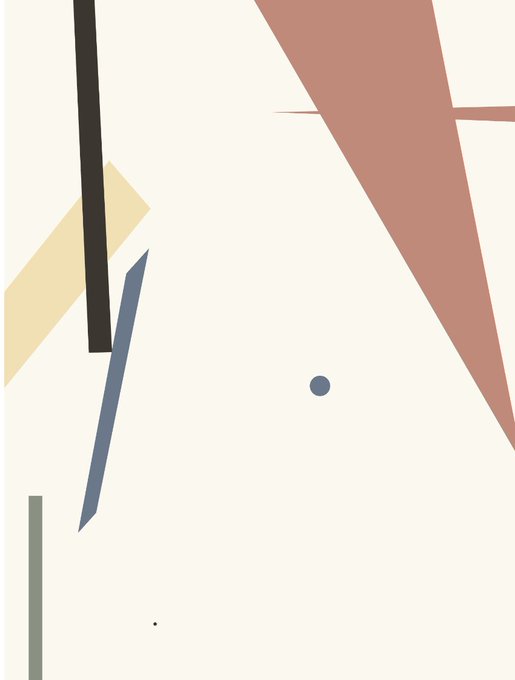 A minimalist abstract artwork featuring geometric shapes in shades of brown, yellow, blue, and black on a cream background.