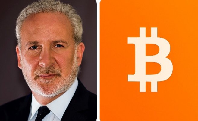 The image shows Peter Schiff on the left and the Bitcoin logo on the right, visually illustrating the post's theme of Schiff's surprise at Bitcoin's resilience against his predicted sell-off.