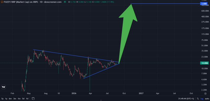A TradingView chart of $FUZZ/ZY XRP (Market Cap) shows a symmetrical triangle pattern on the 1D timeframe, with a large green arrow pointing toward a potential breakout to ~688M market cap. The annotation visualizes the post's bullish thesis that $FUZZY could rally significantly during an upcoming XRP bull run.