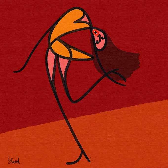 Stylized illustration of a woman in an orange dress with flowing hair against a red background, signed 'Bsward'.