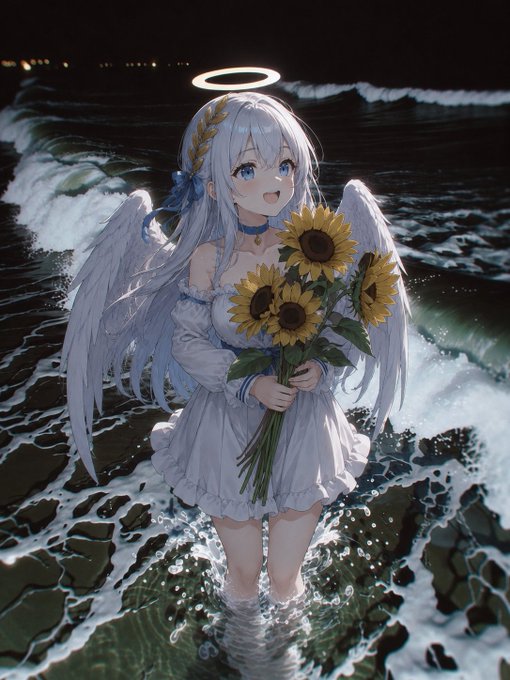 An anime-style angel girl with white wings and a halo stands in shallow ocean water, holding a bouquet of sunflowers.