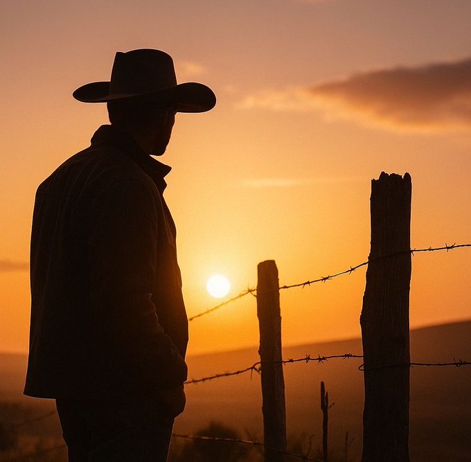 Silhouette of a cowboy wearing a hat standing by a barbed wire fence against a golden sunset.