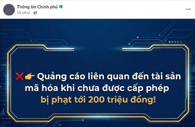A Vietnamese government notice ('Thông tin Chính phủ') warning that advertisements related to unlicensed crypto assets can be fined up to 200 million VND.