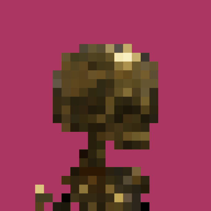 A low-poly pixel art figure with a brown, blocky head and body stands against a deep magenta background, with a small golden pixel near the lower left. The image's nostalgic, pixelated aesthetic mirrors the post's reference to "argonauts"—evoking a retro gaming or early crypto-art vibe fitting for a bullish NFT sentiment about OpenSea's potential token launch sparking another boom.
