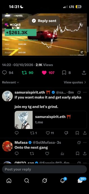 A screenshot of a Twitter/X post from user 'samuraispirit.eth' about crypto trading, showing a coin that gained $261.3K, along with other crypto-related replies.