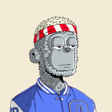 A cartoon drawing of a llama or alpaca character wearing a red and white checkered headband and a blue letterman jacket.