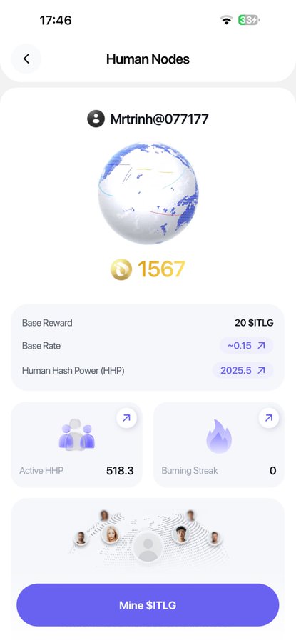 The image displays a "Human Nodes" profile page on what appears to be the InterLink app, showing user "Mrtrinh@077177" with a 3D globe avatar and a score of 1567. Key stats include a Base Reward of 20 $ITLG, Base Rate of ~0.15, Human Hash Power (HHP) of 2025.5, and Active HHP of 518.3, with a "Mine $ITLG" button at the bottom—directly tying to the post's focus on the InterLink ($ITLG) crypto ecosystem.