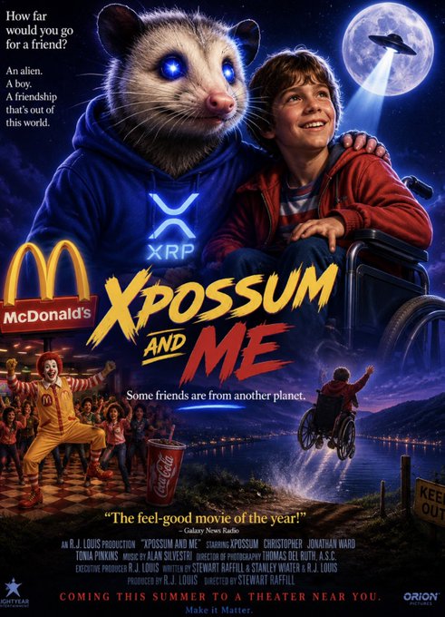 Movie poster parody titled 'XPOSSUM AND ME' featuring a glowing-eyed opossum in a hoodie with the XRP logo, a young boy in a wheelchair, Ronald McDonald, McDonald's branding, and a UFO in the background, with tagline 'Some friends are from another planet' and 'Coming this summer to a theater near you.'