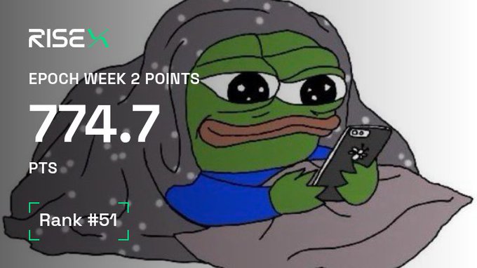 A graphic featuring the Pepe the Frog meme wrapped in a blanket holding a phone, displaying 'RISEX EPOCH WEEK 2 POINTS 774.7 PTS Rank #51'.