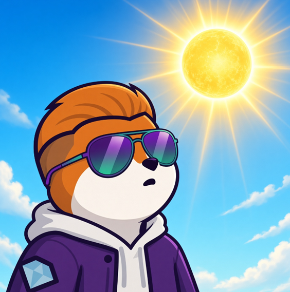 A cartoon illustration of a dog-like character wearing a purple jacket and sunglasses, standing outdoors against a bright blue sky with a shining sun.