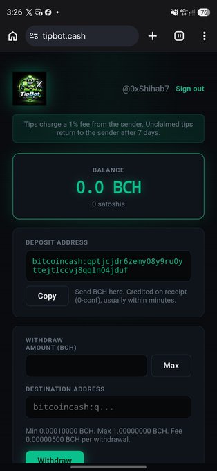 Screenshot of the tipbot.cash website on mobile showing a 0.0 BCH balance, a Bitcoin Cash deposit address, and withdrawal fields.