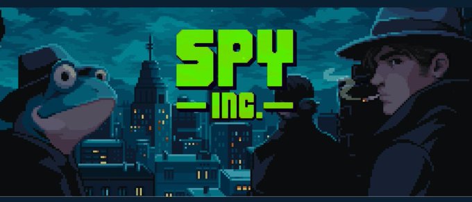 Pixel art style illustration featuring a frog in a fedora on the left and a man in a fedora smoking on the right, with 'SPY INC.' in bright green text in the center.