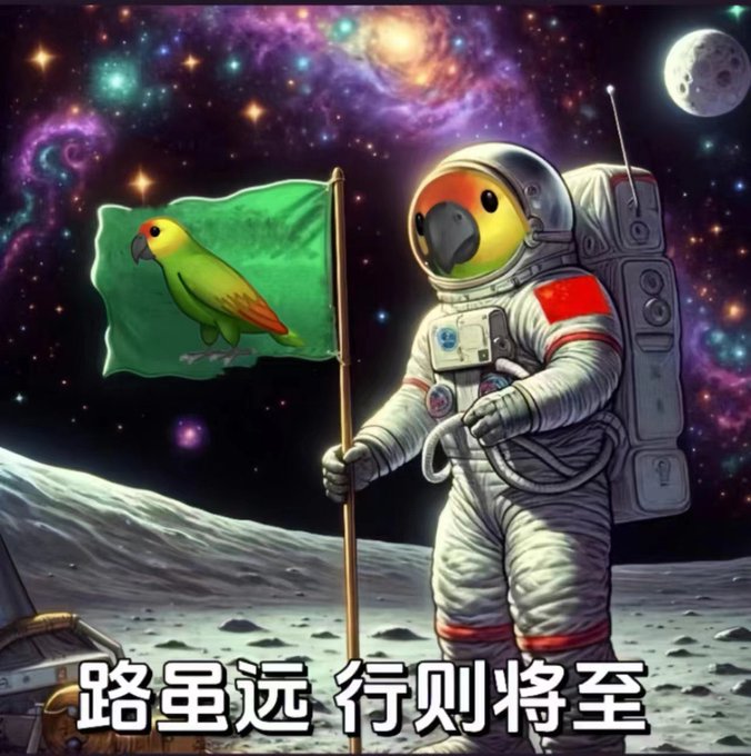 A cartoon parrot astronaut in a Chinese flag spacesuit plants a green flag featuring a parrot on a lunar surface beneath a starry galaxy. Chinese text at the bottom reads '路虽远 行则将至' (Though the road is long, walking will get you there).