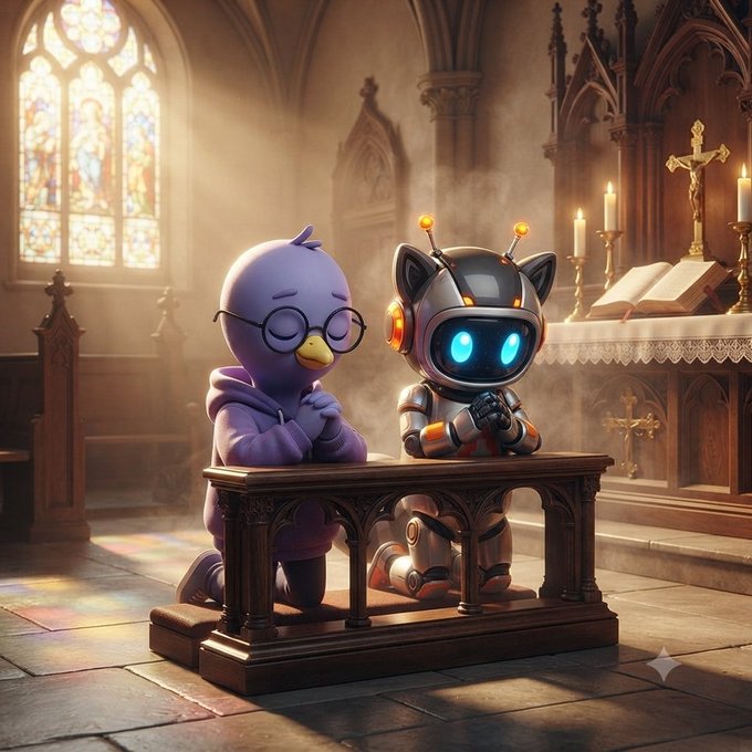 A 3D rendered scene inside a gothic cathedral showing a purple bird-like character in a hoodie and glasses kneeling in prayer beside a small white and orange robot with glowing blue eyes.