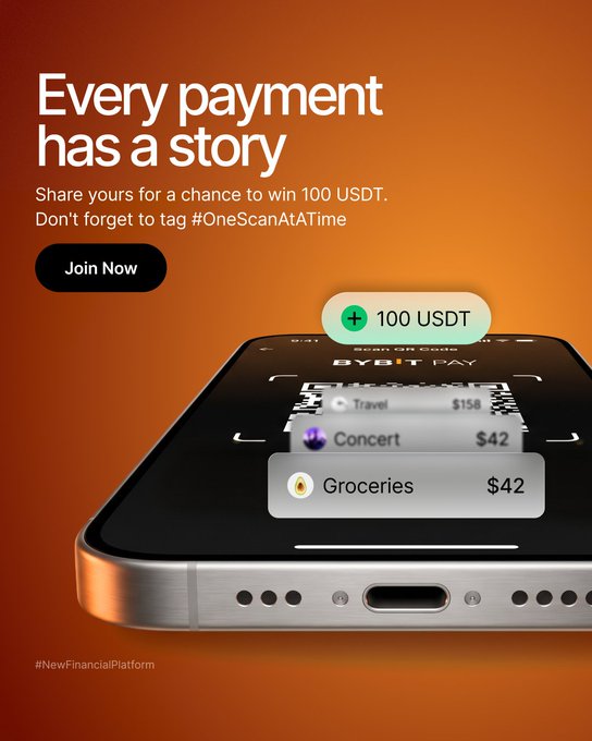 The promotional image features the text "Every payment has a story" with a call-to-action to "Join Now" for a chance to win 100 USDT using the hashtag #OneScanAtATime, displayed alongside a smartphone mockup showing the Bybit Pay app interface with transaction categories like Travel ($158), Concert ($42), and Groceries ($42). The visual directly supports the post's invitation for users to share their Bybit Pay moments for a chance to win the 100 USDT prize.