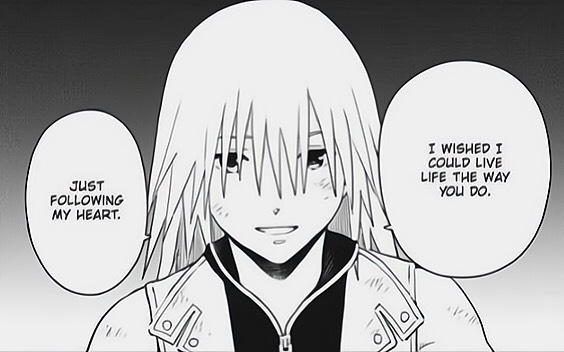The black-and-white manga panel shows a young character with long hair and a slight smile, with speech bubbles reading "JUST FOLLOWING MY HEART" and "I WISHED I COULD LIVE LIFE THE WAY YOU DO." The image captures a reflective, aspirational mood that aligns with the post's theme of a gradual journey—moving "slowly then all at once"—toward a milestone, symbolizing the pursuit of living authentically on the path to growth.
