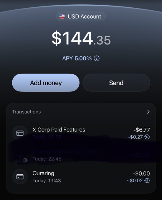 A screenshot of a digital banking app showing a USD Account balance of $144.35 with a 5.00% APY, featuring transactions including 'X Corp Paid Features' and a redacted 'Deposit from 0x6b17...a85'.