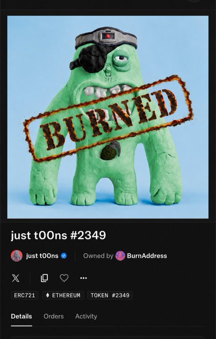 A mobile app screenshot of an NFT profile page titled 'just t00ns #2349' showing a claymation-style green monster with an eyepatch stamped with 'BURNED'.